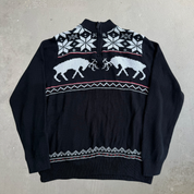 J- Vintage Chaps RL Deer Black Quarter Zip Knit Sweater - L