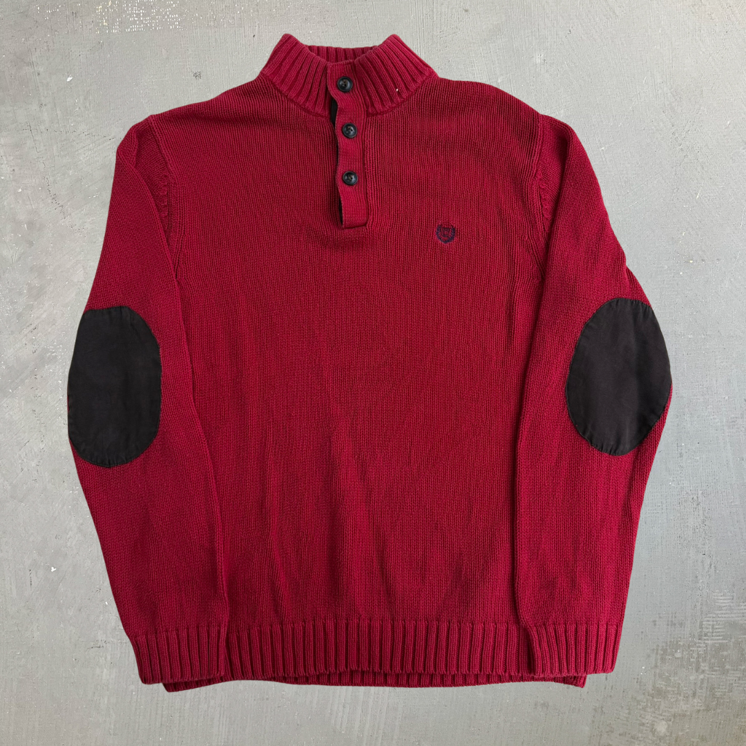 Vintage Chaps RL Embroidered Logo Leather Elbow Red Henley Cotton Knit Sweater - S (fits M)