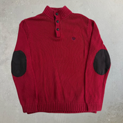 Vintage Chaps RL Embroidered Logo Leather Elbow Red Henley Cotton Knit Sweater - S (fits M)