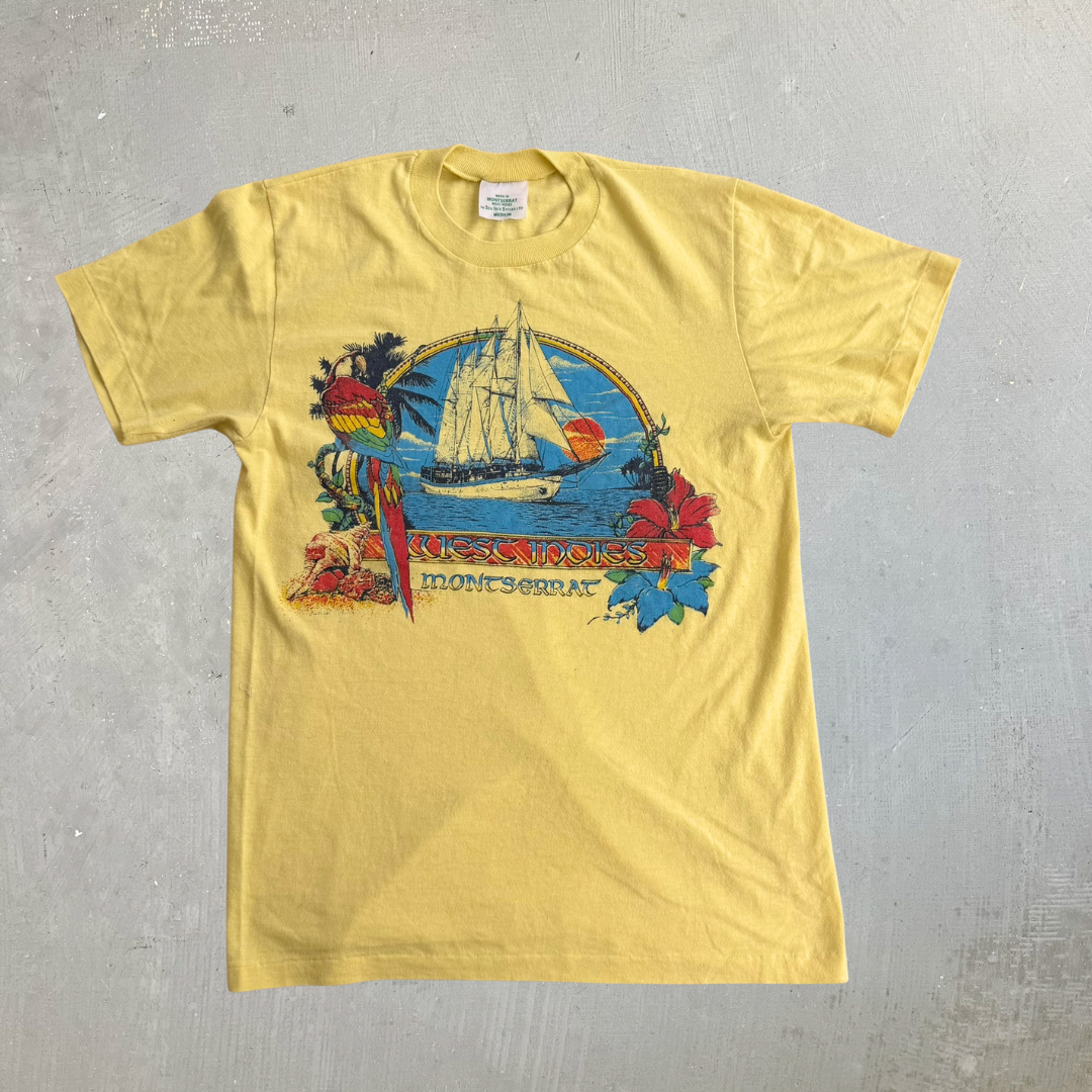 J- Vintage 90s West Indies Montserrat Boat & Parrot Graphic Made In USA Single Stitch Tee - M