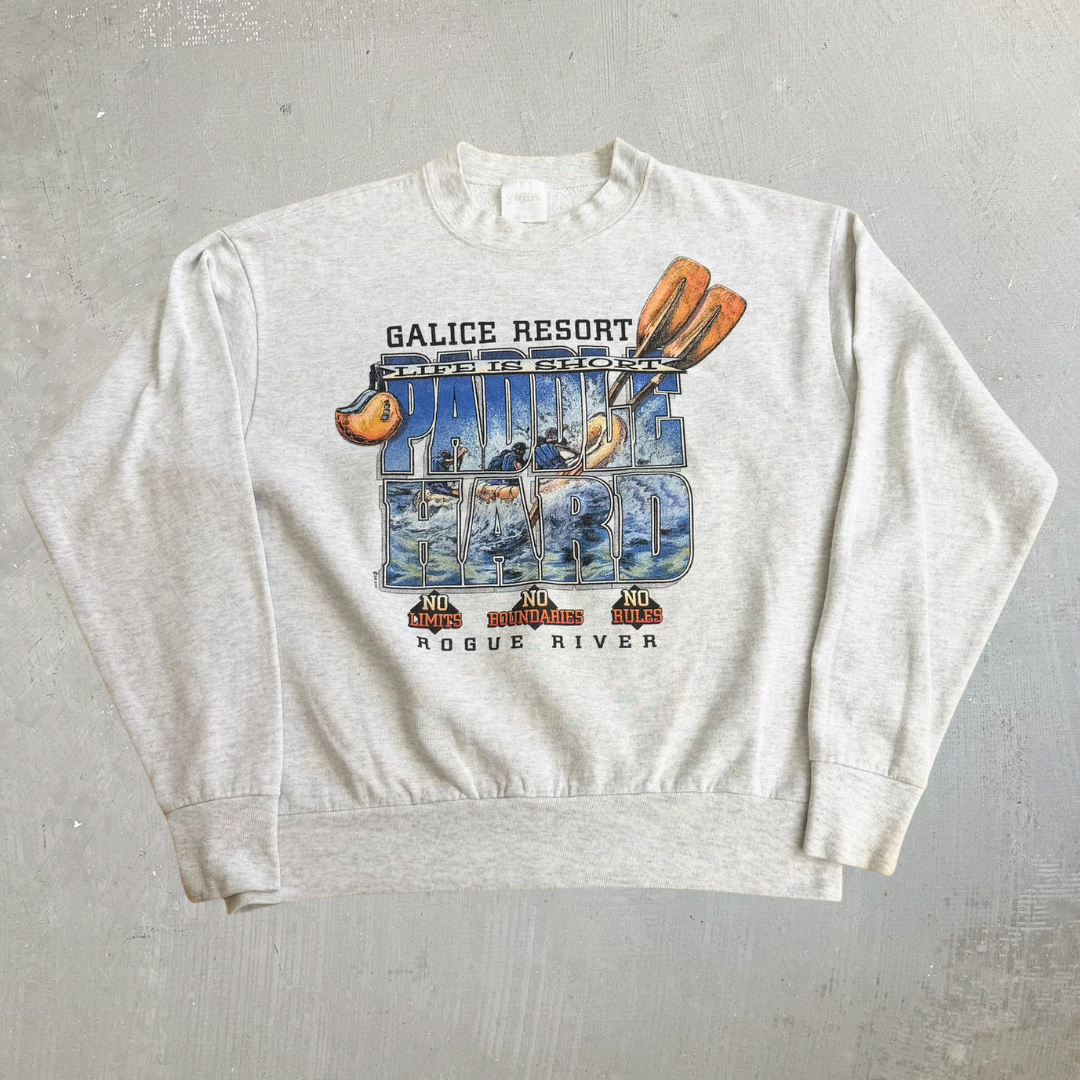 J- Vintage 90s Rogue River Life Is Short Paddle Hard Graphic Made In USA Crewneck - L