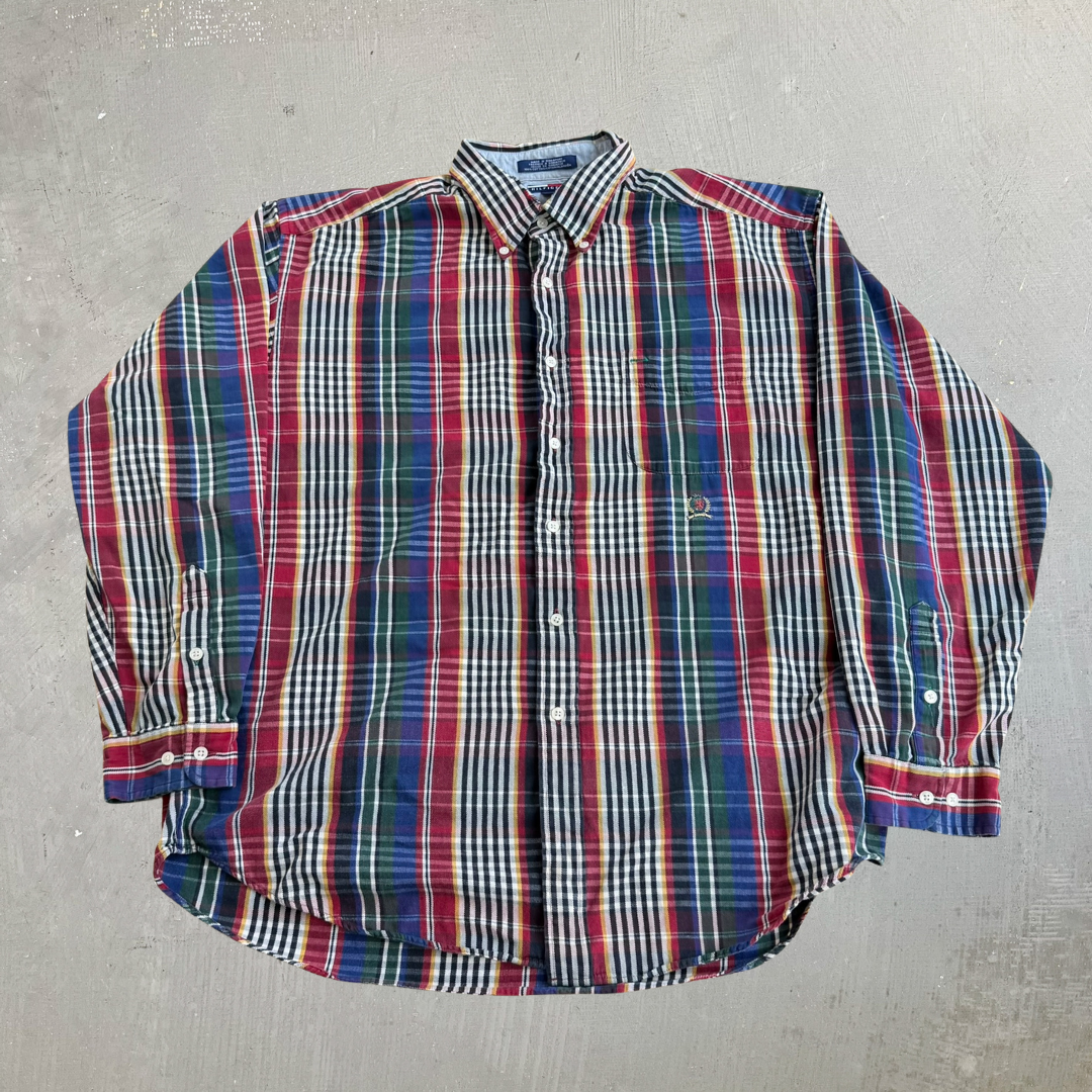 J- Vintage Tommy Hilfiger Embroidered Crest Plaid Pattern Button Down Shirt - XL