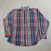 J- Vintage Tommy Hilfiger Embroidered Crest Plaid Pattern Button Down Shirt - XL