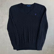 Vintage Women's Ralph Lauren Embroidered Logo Black Cable Knit Sweater - Women's L