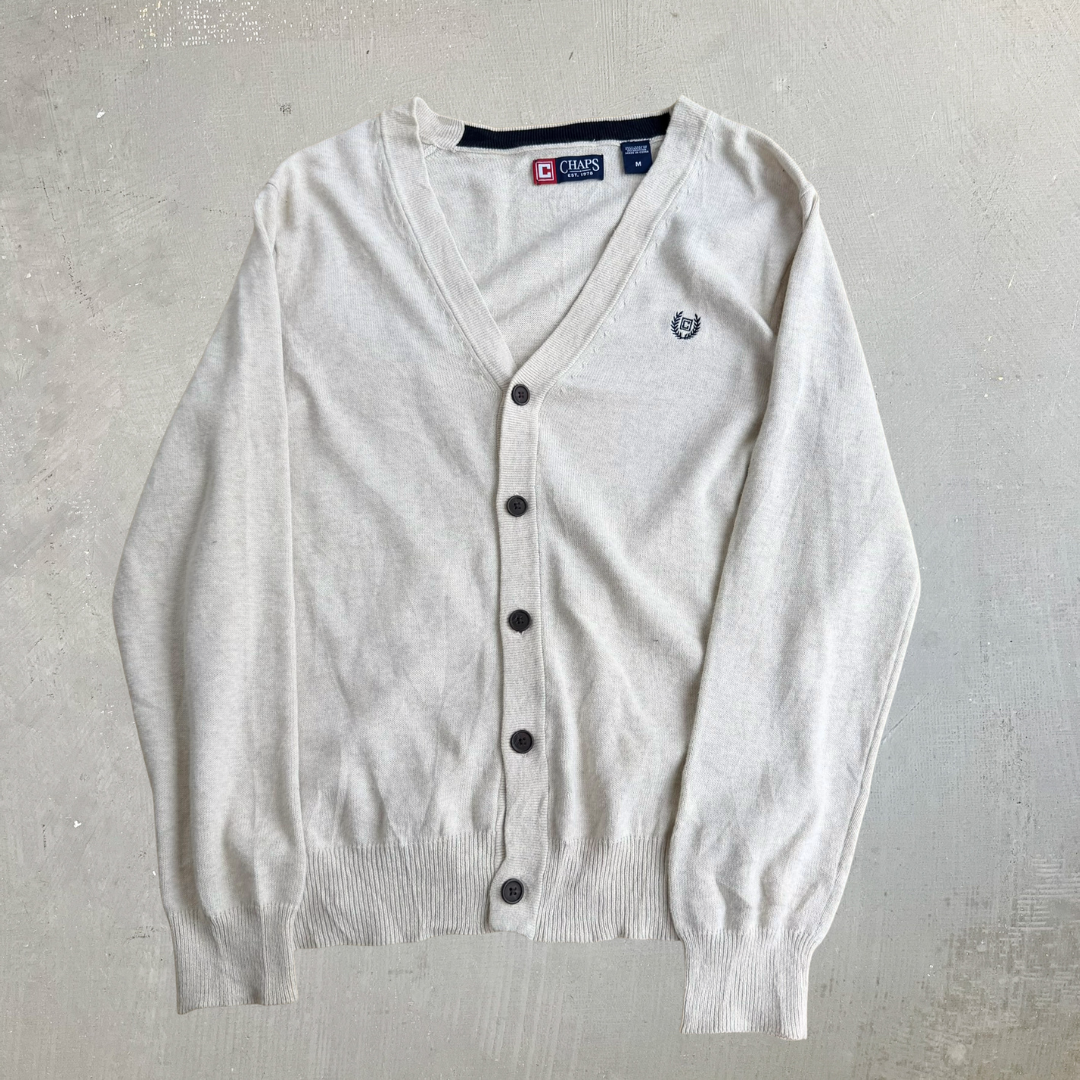 J- Vintage Chaps RL Embroidered Logo Beige Cardigan Knit Sweater - M