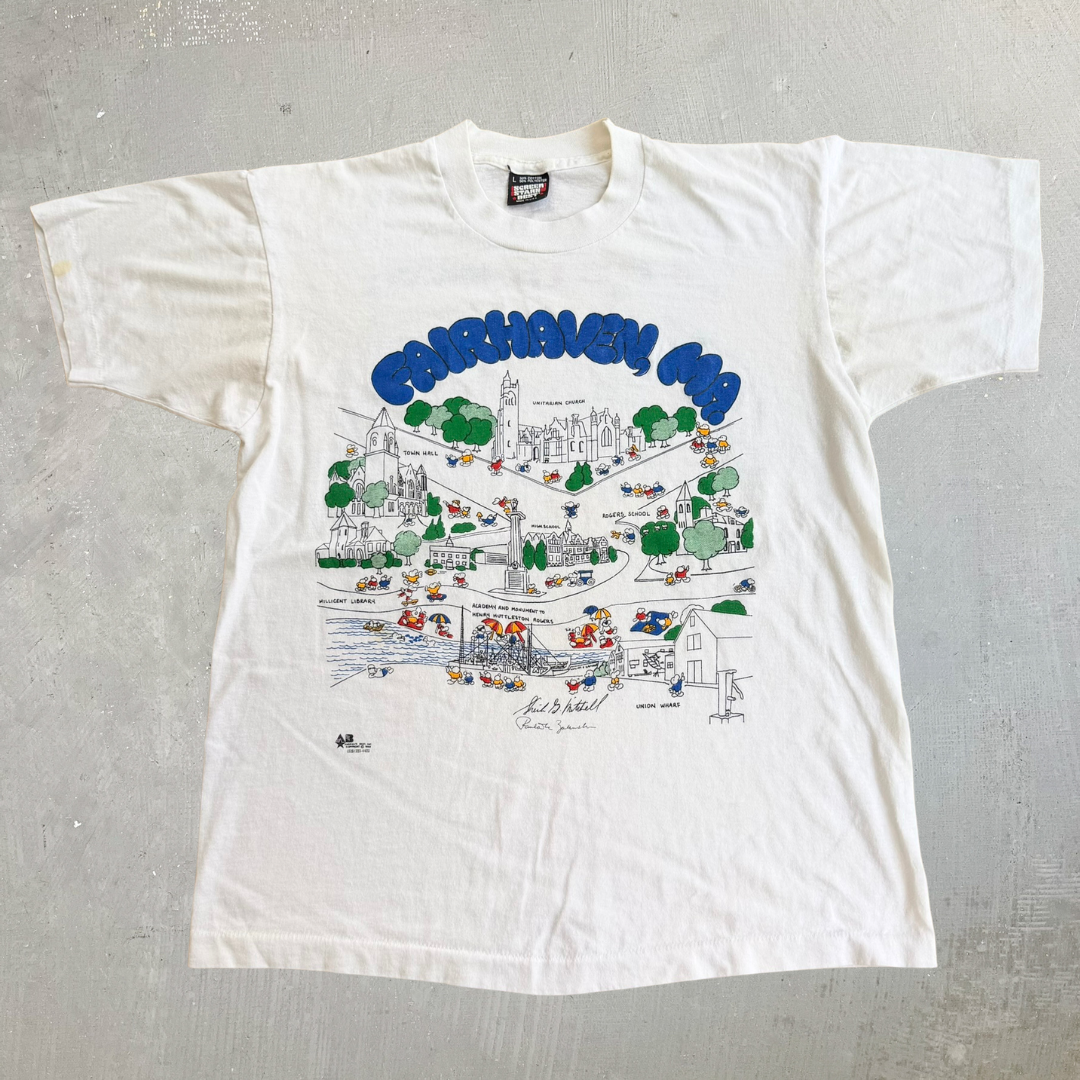 J- Vintage '89 Fair Haven, Ma. Landmarks Graphic Made In USA Single Stitch Tee - L
