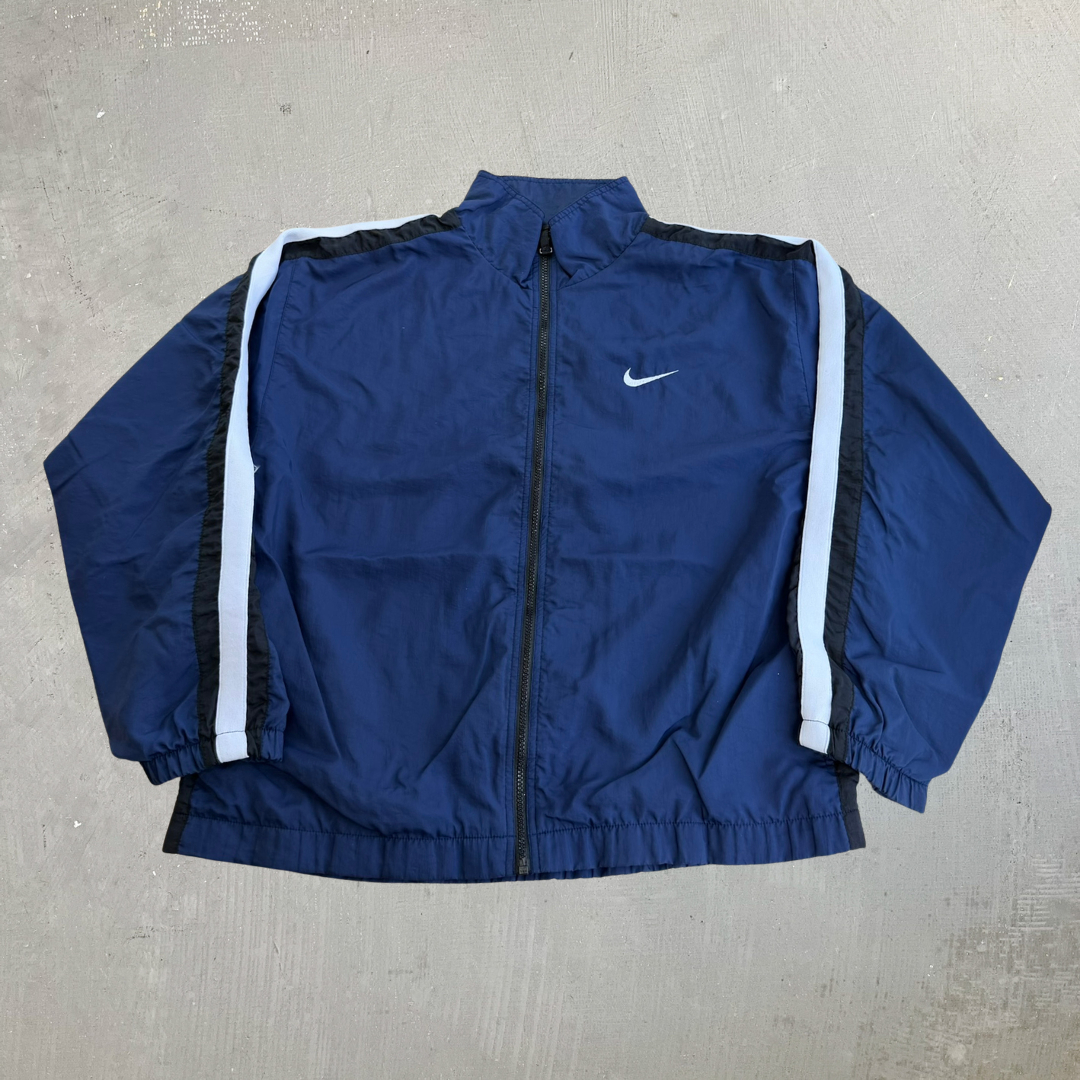 J- Vintage 90s Nike Embroidered Swoosh Lightweight Zip Up Navy Jacket - L