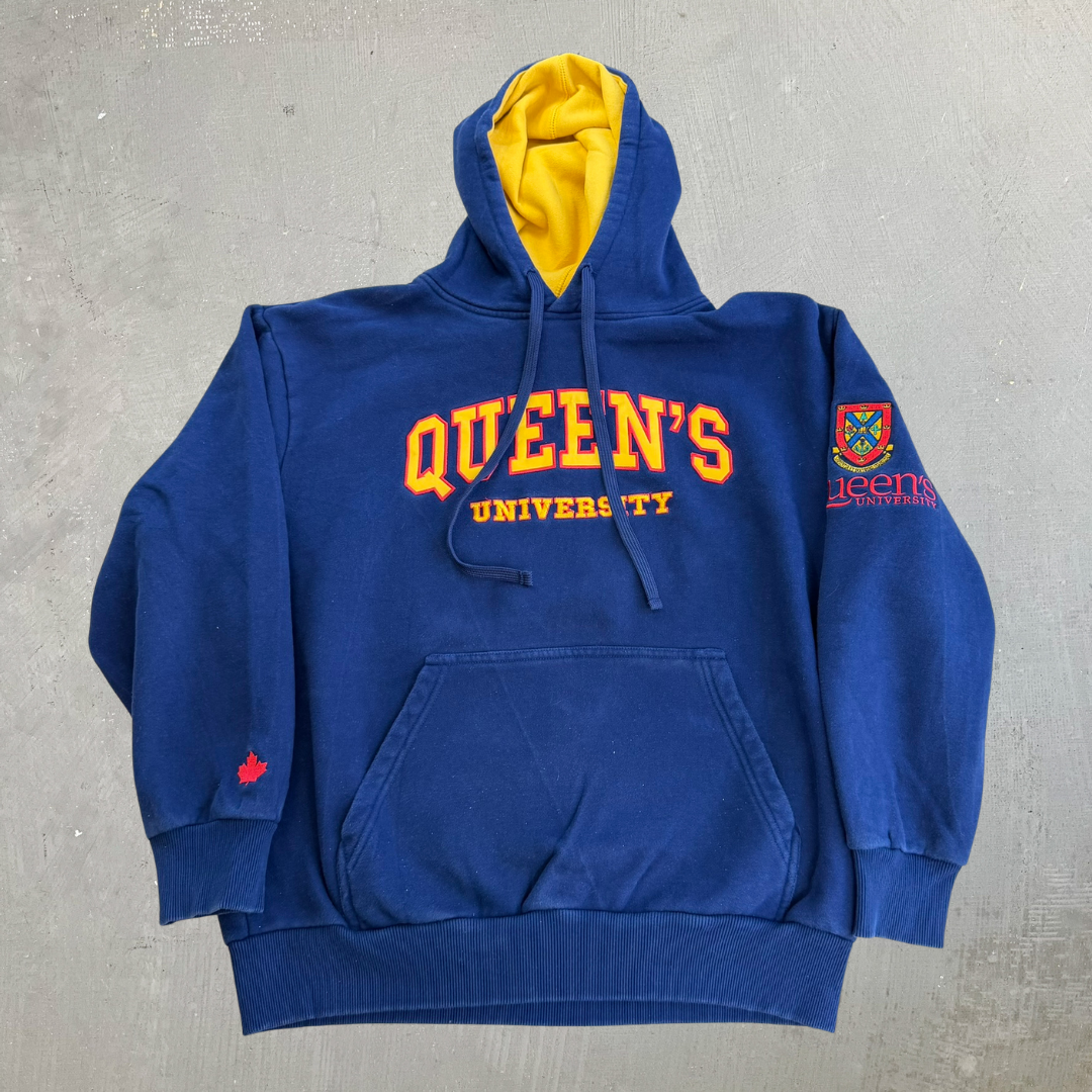 J- Vintage Queens University Embroidered Logo Hoodie - L