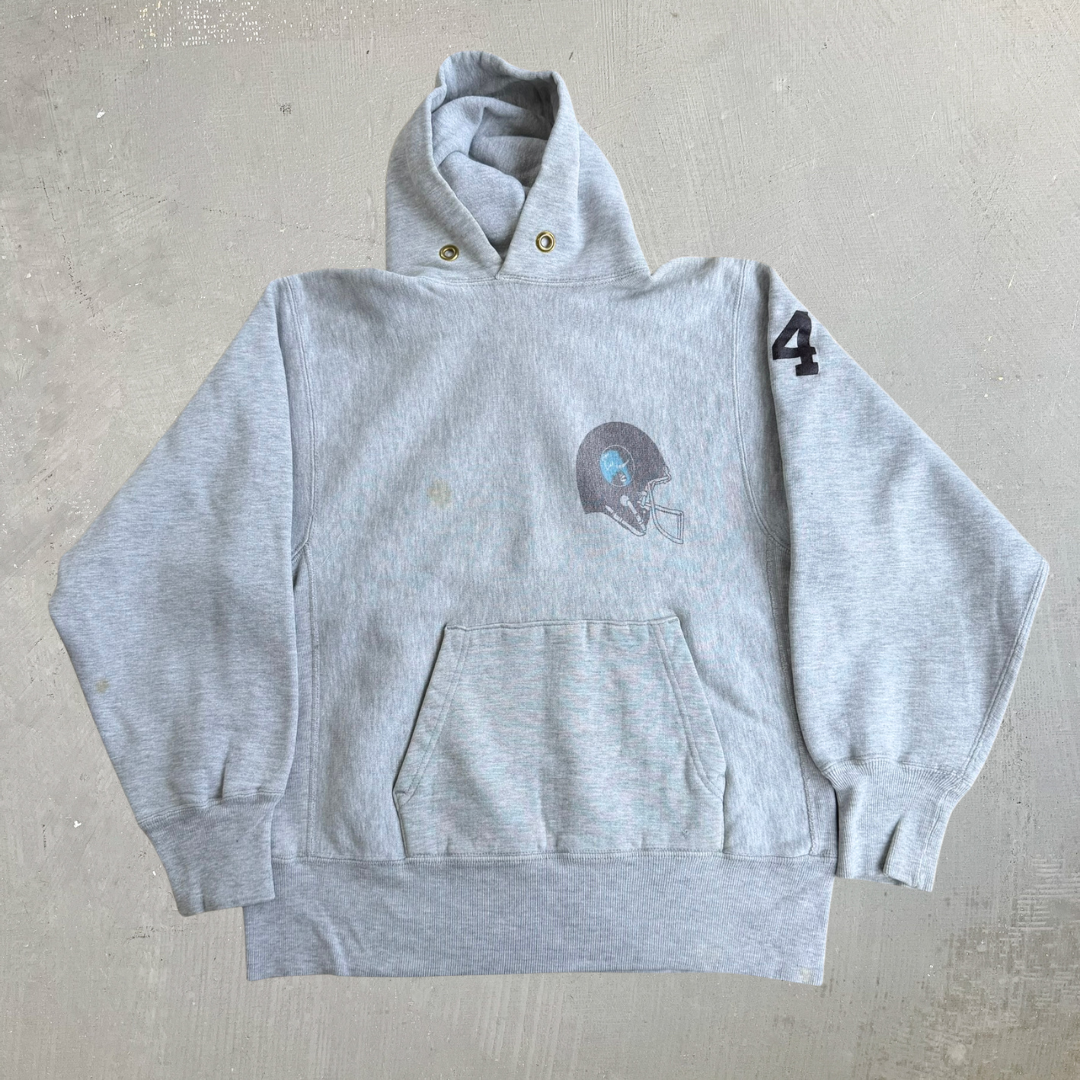 J- Vintage 80s Champion Reverse Weave Tufts Football Made In USA Hoodie - M