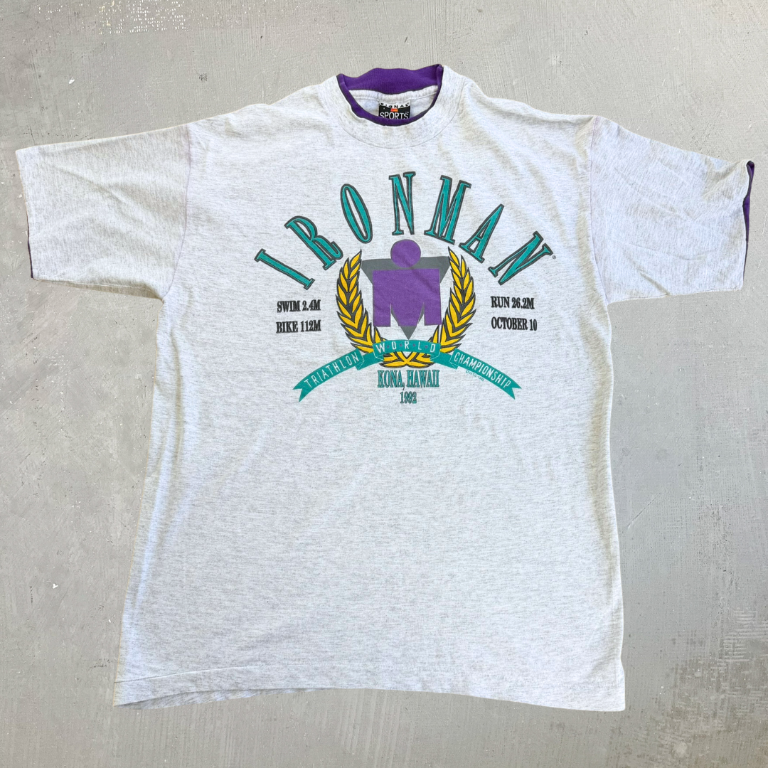 J- Vintage '92 Hawaii Ironman Race Graphic Made In USA Double Collar Tee - L