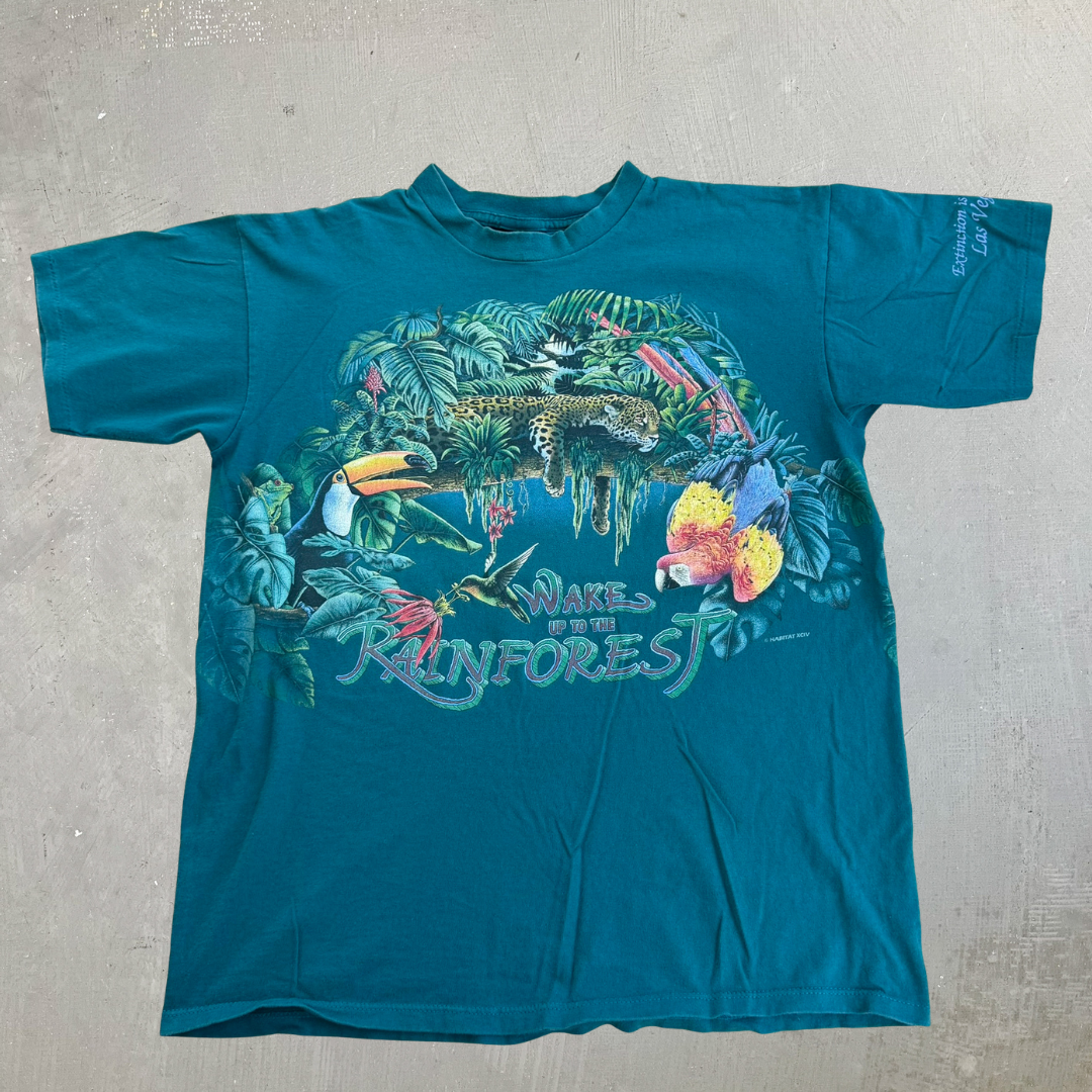 J- Vintage Wake Up The Rain Forest Graphic Made In USA Single Stitch Tee - L