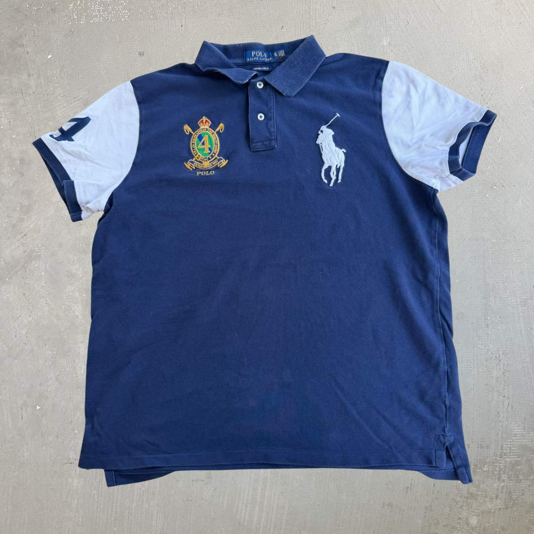 J- Vintage 10s Polo RL Big Pony Royal Crest Embroidered Logo Navy Polo Shirt - XL