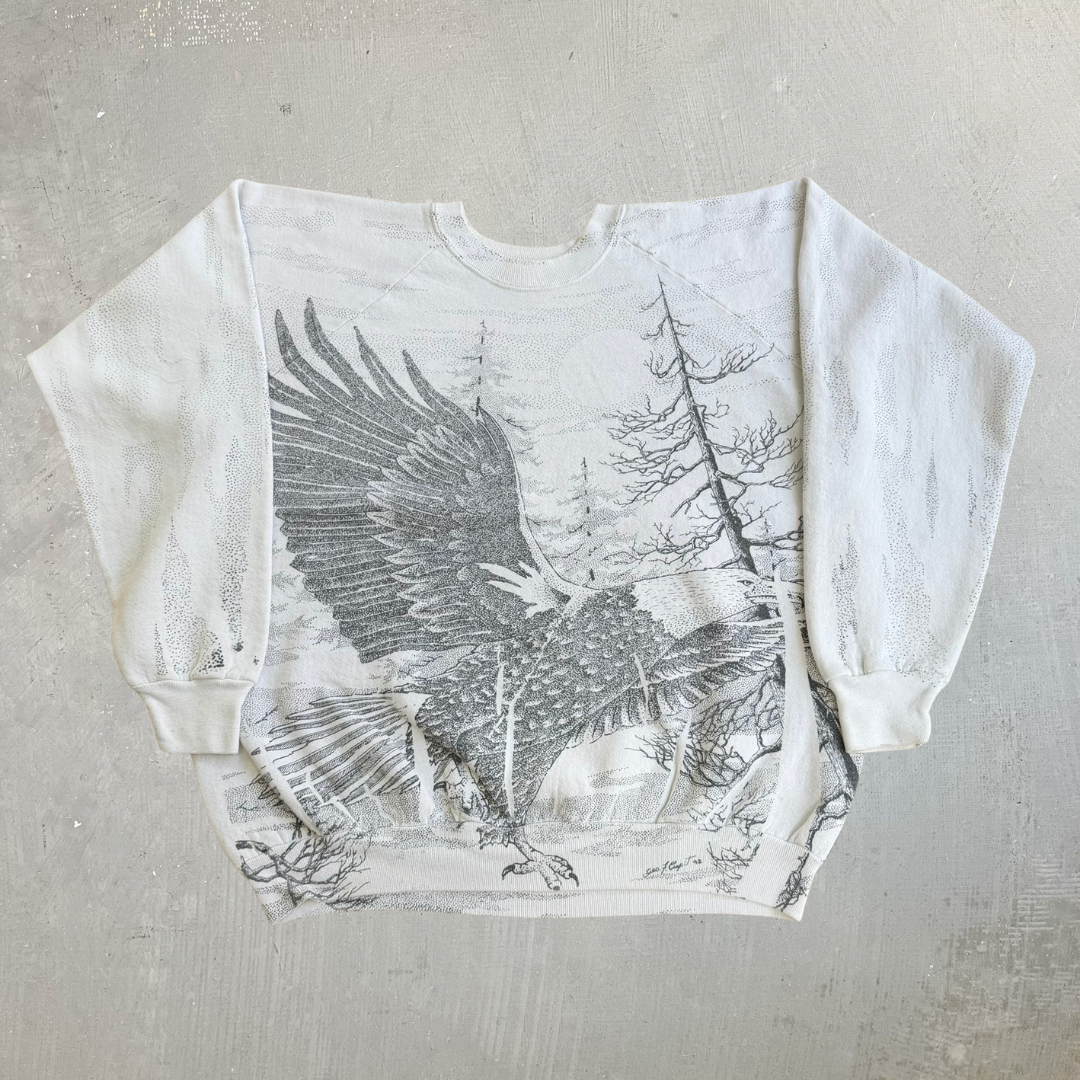 J- Vintage Eagle In Forest All Over Print Made In USA Crewneck - XL