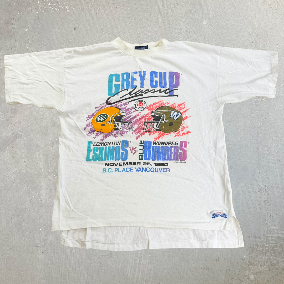 J- Vintage '90 Edmonton Elks Vs Winnipeg Blue Bombers CFL Grey Cup Single Stitch Tee - L