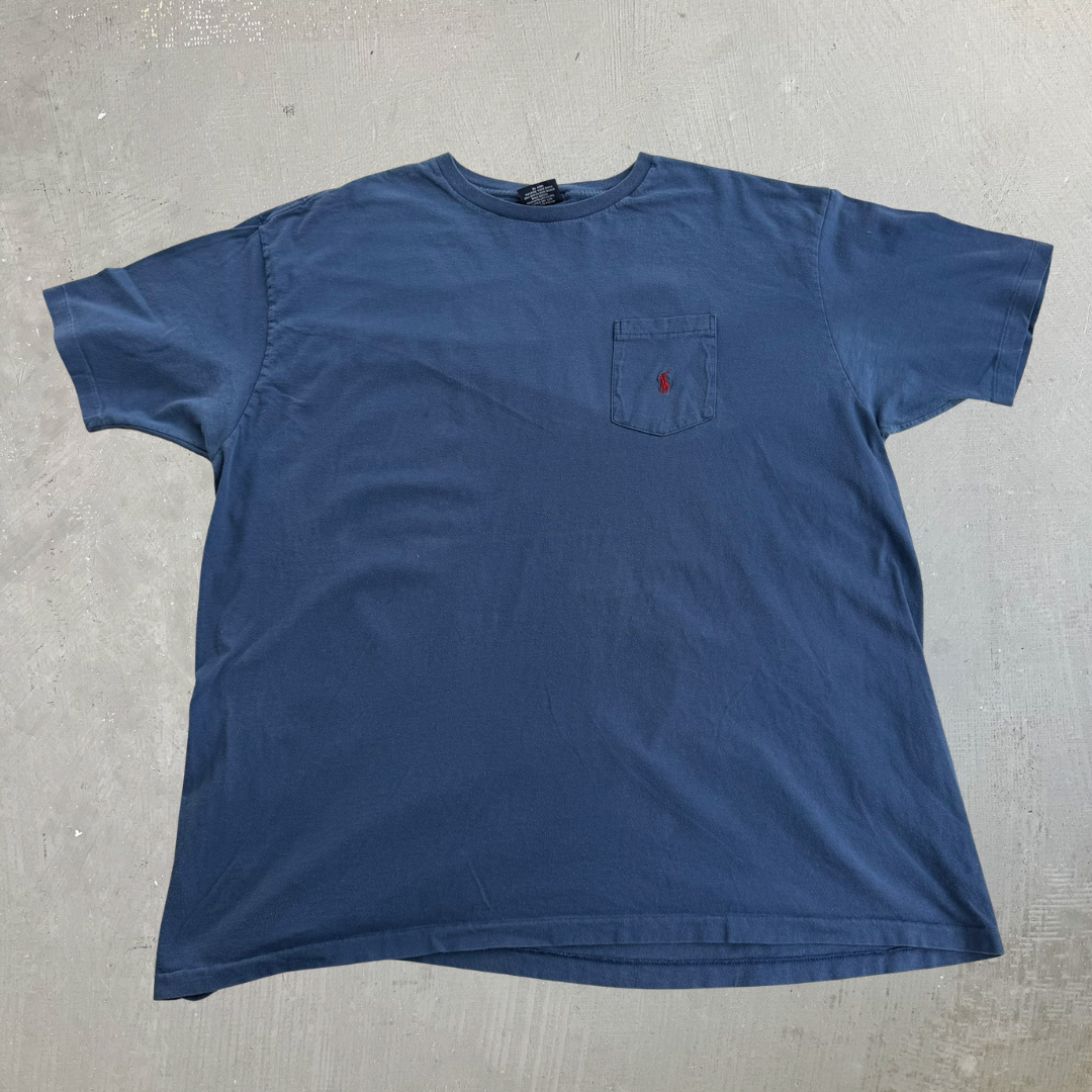 J- Vintage Polo RL Embroidered Logo Made In USA Single Stitch Blue Pocket Tee - XL