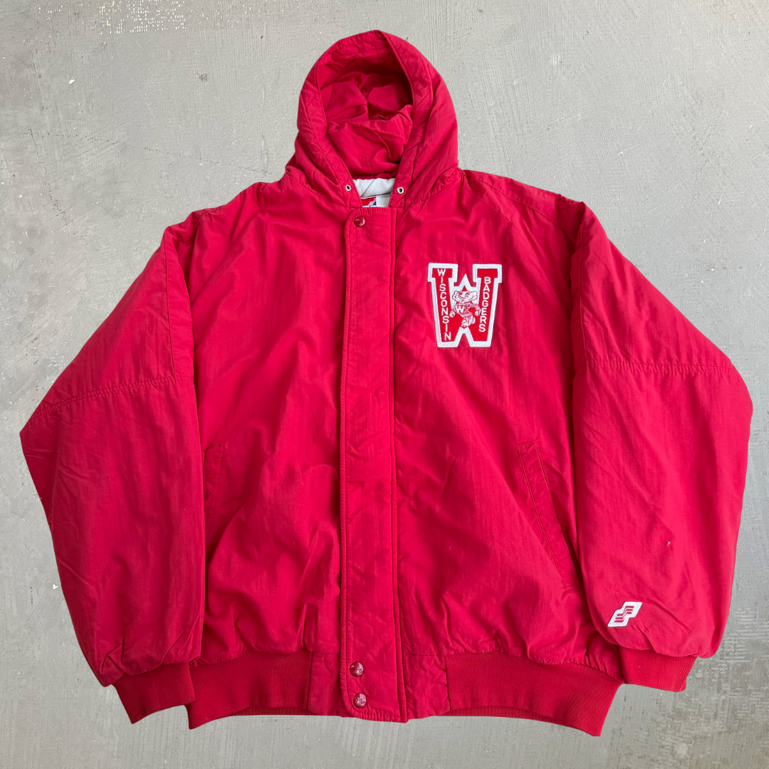 J- Vintage University Of Wisconsin Badgers Chenille Emb Logo Made In USA Winter Bomber Jacket - XL