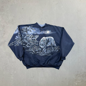 F- Vintage Art Unlimited Wolves & Moon Made In USA Henley Crewneck