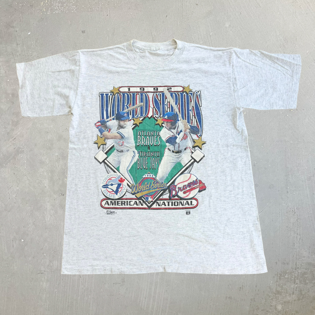 J- Vintage '92 MLB Blue Jays Vs Braves World Series Graphic Single Stitch Tee - L