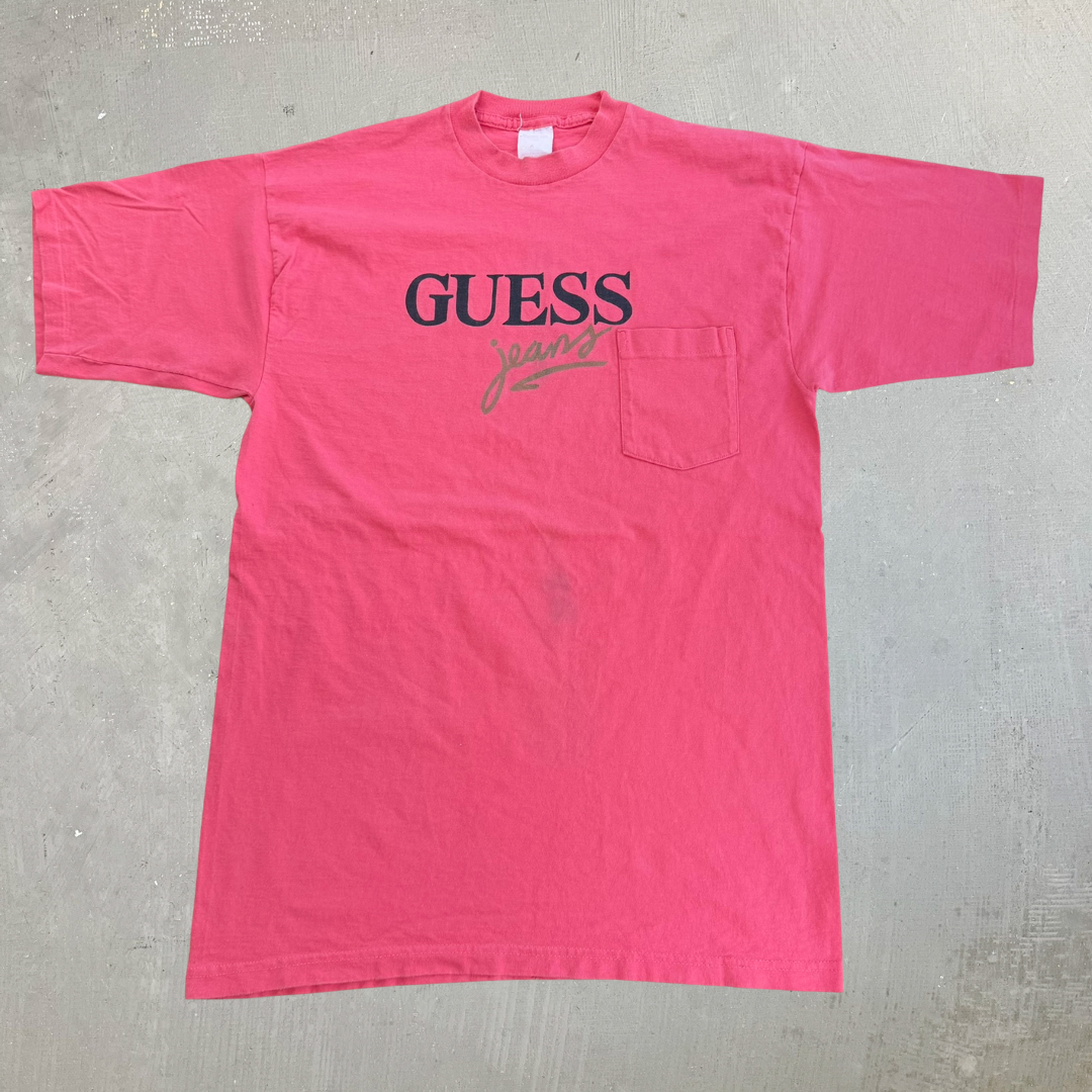 J- Vintage Guess Jeans Text Single Stitch Pocket Tee - M (fits L)