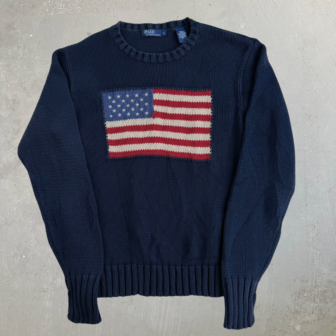 Vintage 90s Polo RL American Flag Made In Japan Knit Sweater - L (fits S/M)