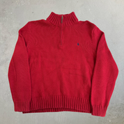 Vintage 90s Polo RL Embroidered Logo Red Quarter Zip Cotton Knit Sweater - XL