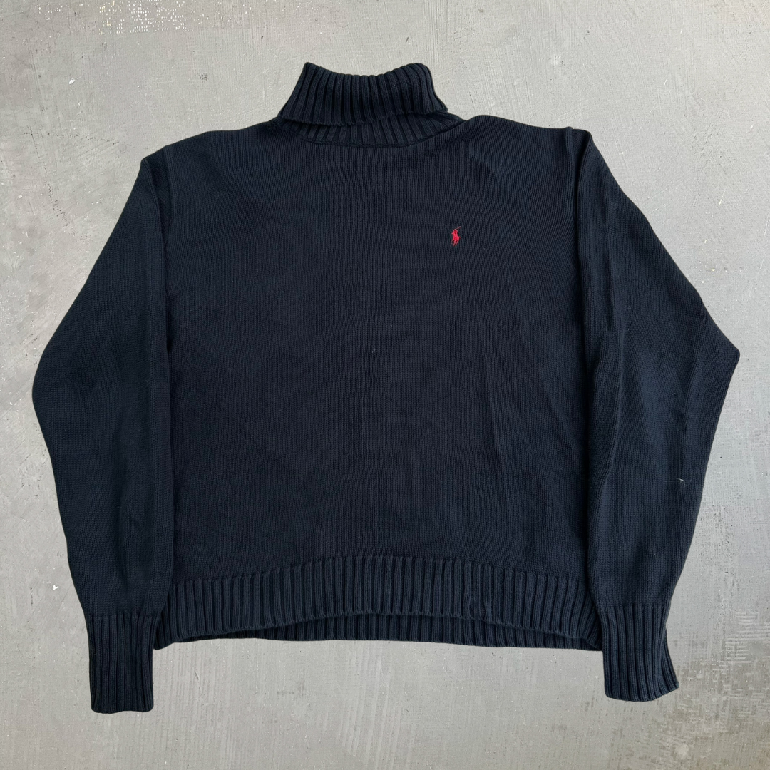 Vintage 90s Polo RL Embroidered Logo Black Turtle Neck Cotton Knit Sweater - L