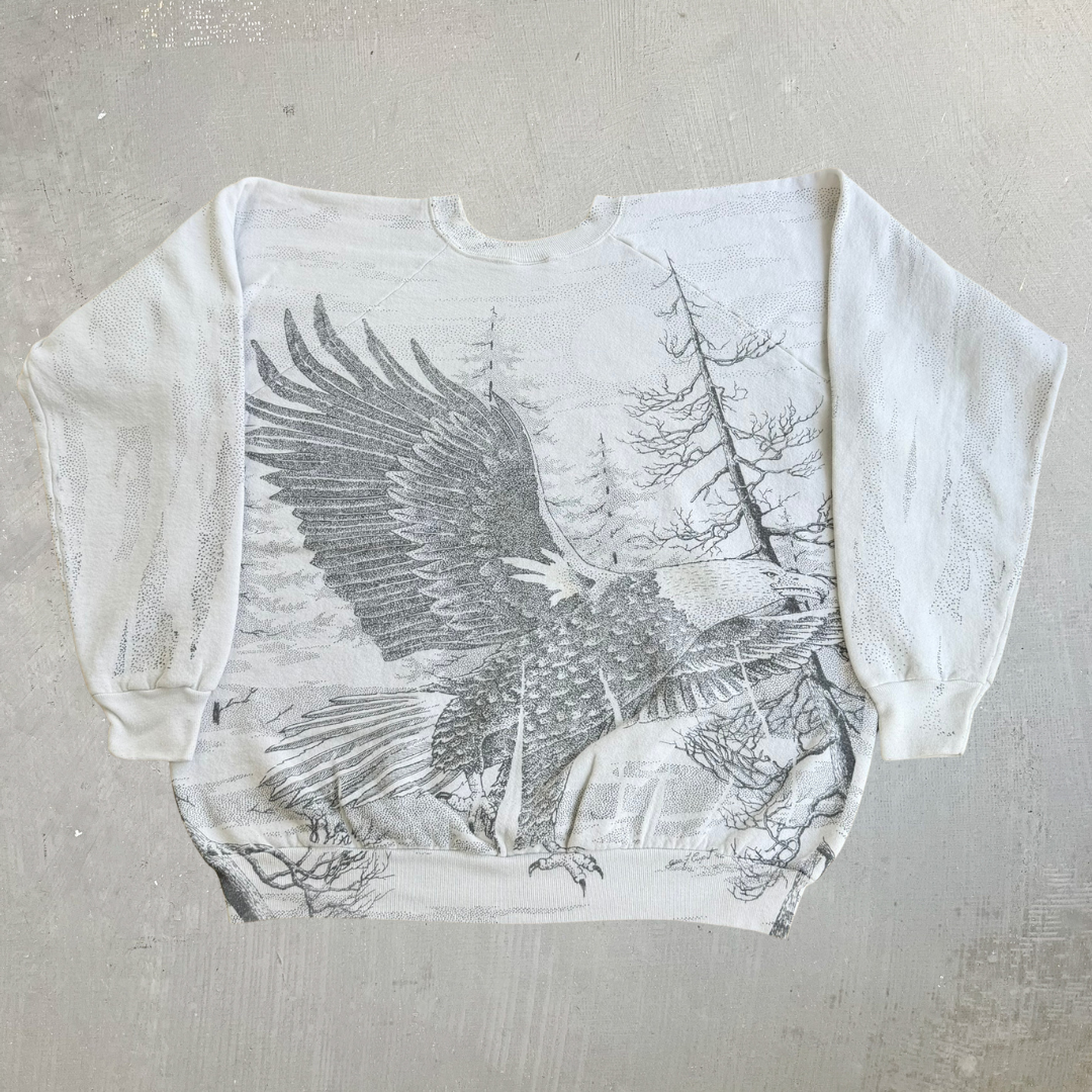 J- Vintage Eagle In Forest All Over Print Made In USA Crewneck - XL