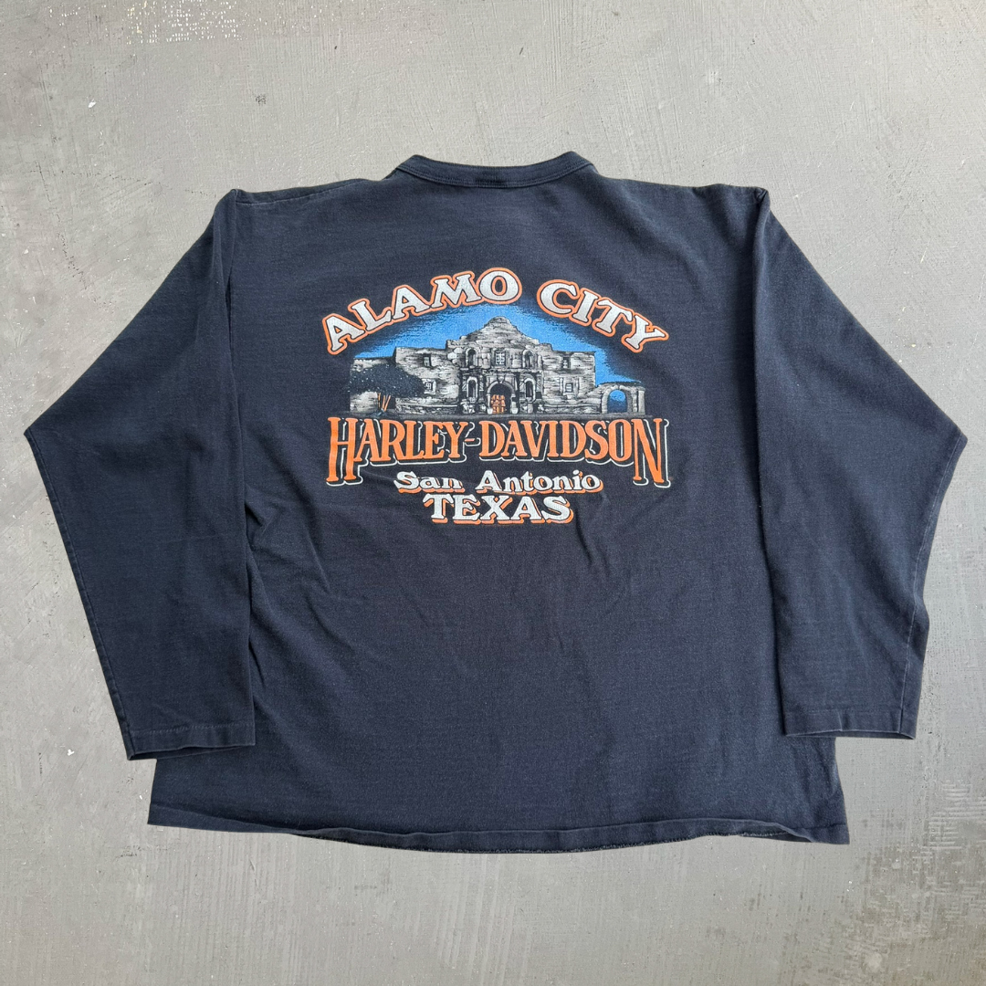 J- Vintage '95 Harley Davidson San Antonio Made In USA Single Stitch Henley Long Sleeve Tee - XL