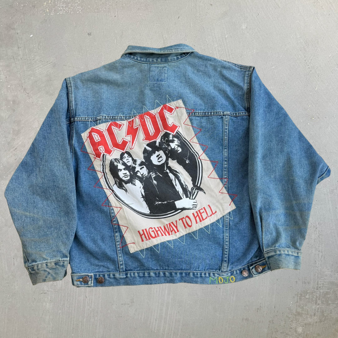 HOM AC/DC TNT Highway To Hell Reworked Denim Jacket - L