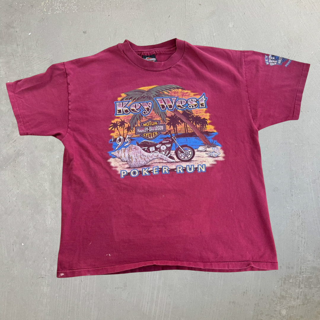 Vintage '95 Harley Davidson Key West Florida Poker Run Graphic Made In USA Single Stitch Tee - XL