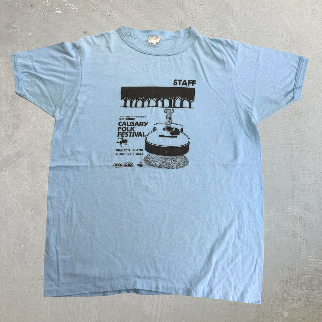 J- Vintage '83 4th Annual Calgary Folk Festival Staff Graphic Single Stitch Ringer Tee - XL (fits L)