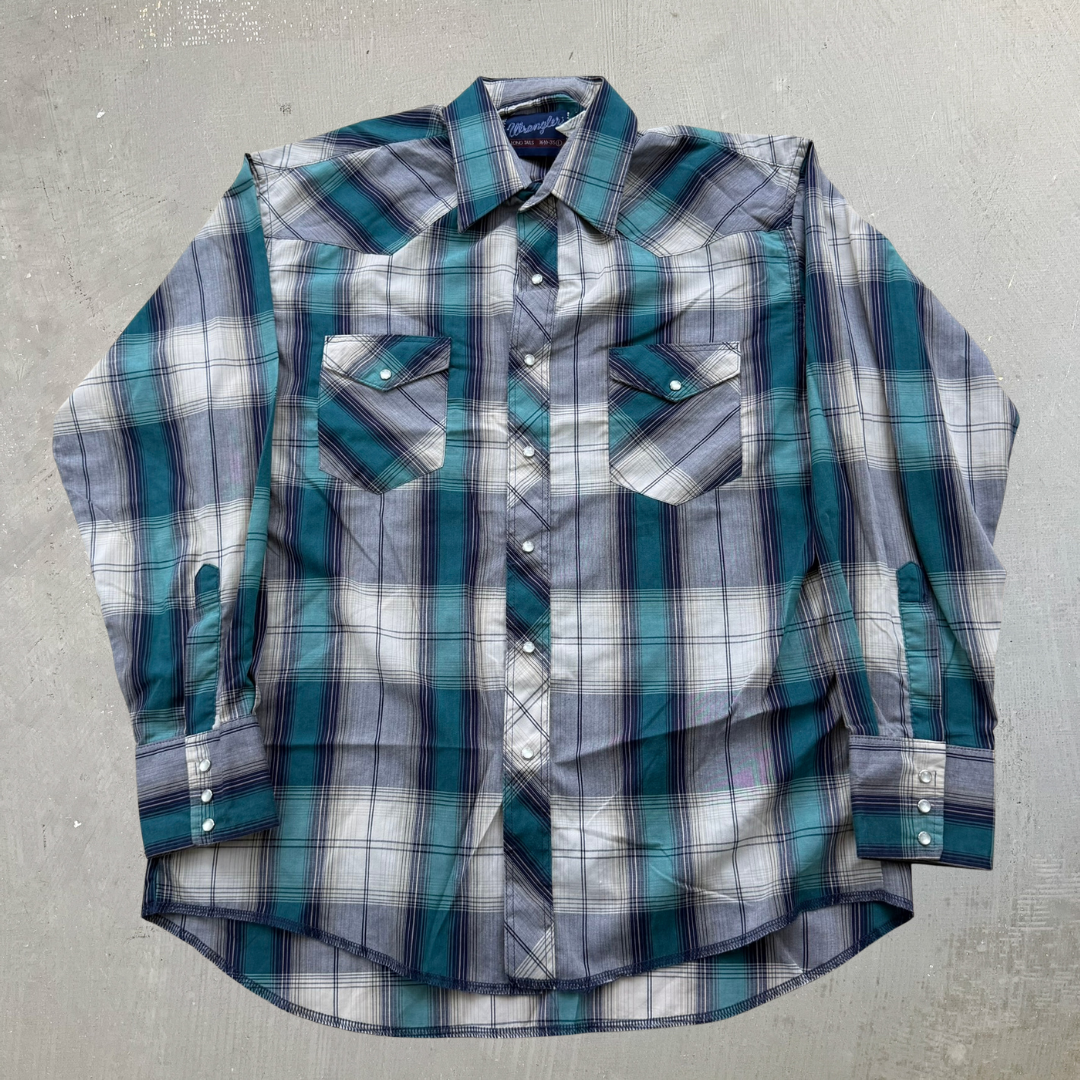 J- Vintage Wrangler Western Plaid Pearl Snap Button Down Shirt - L