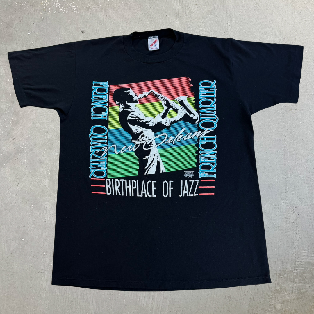 J- Vintage New Orleans French Quarter Birthplace Of Jazz Graphic Made In USA Single Stitch Tee - L