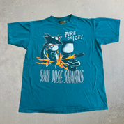 J- Vintage San Jose Sharks NHL Fire On Ice! Graphic Made In USA Single Stitch Tee - L