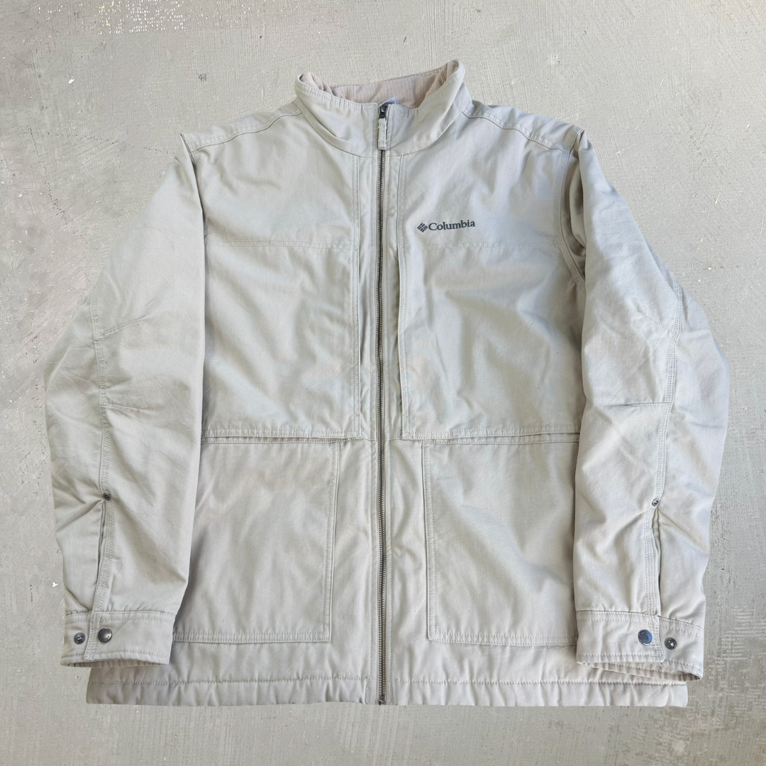 Vintage Columbia Fleece Lined Beige Canvas Zip Up Winter Jacket - XL