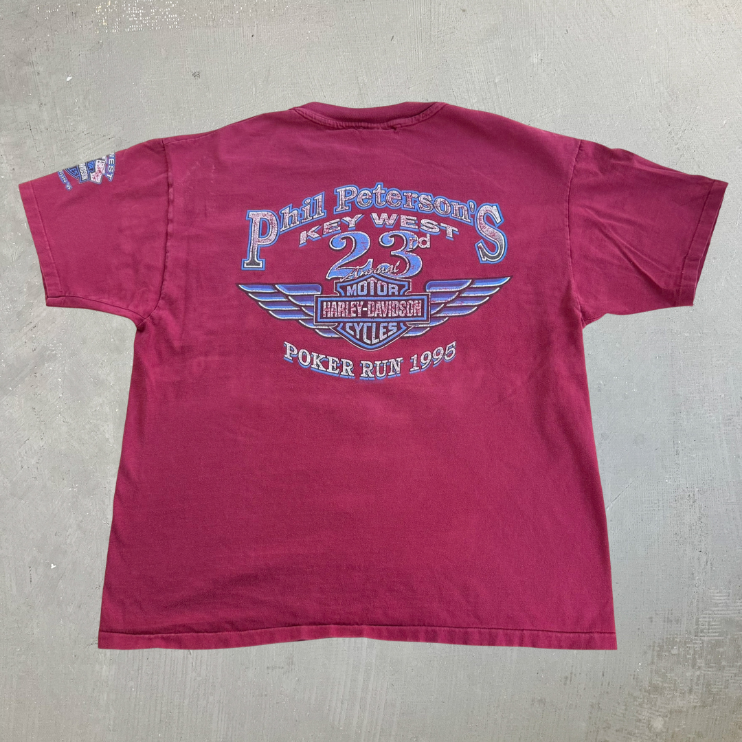 Vintage '95 Harley Davidson Key West Florida Poker Run Graphic Made In USA Single Stitch Tee - XL