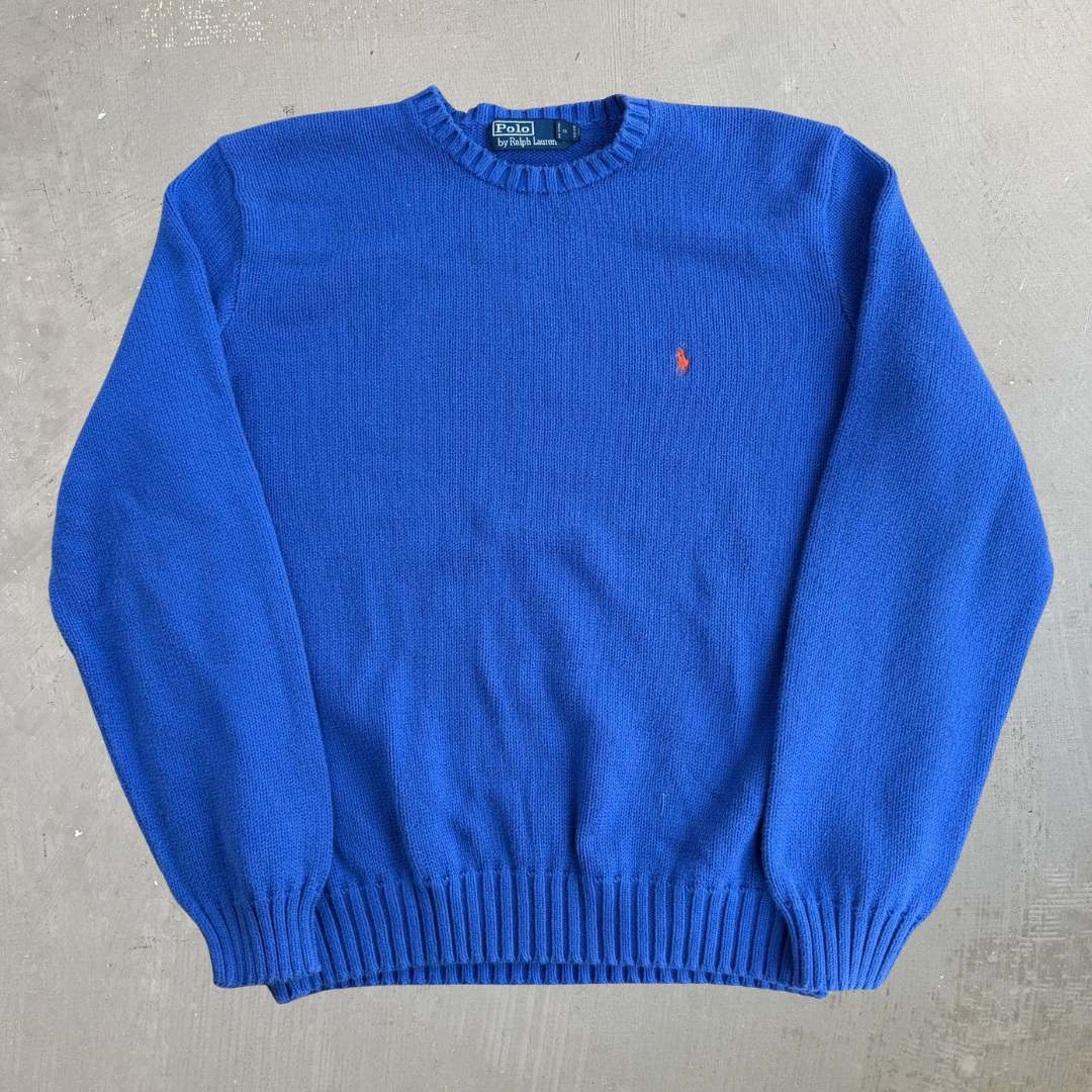 Vintage 90s Polo RL Embroidered Logo Blue Knit Sweater - XL