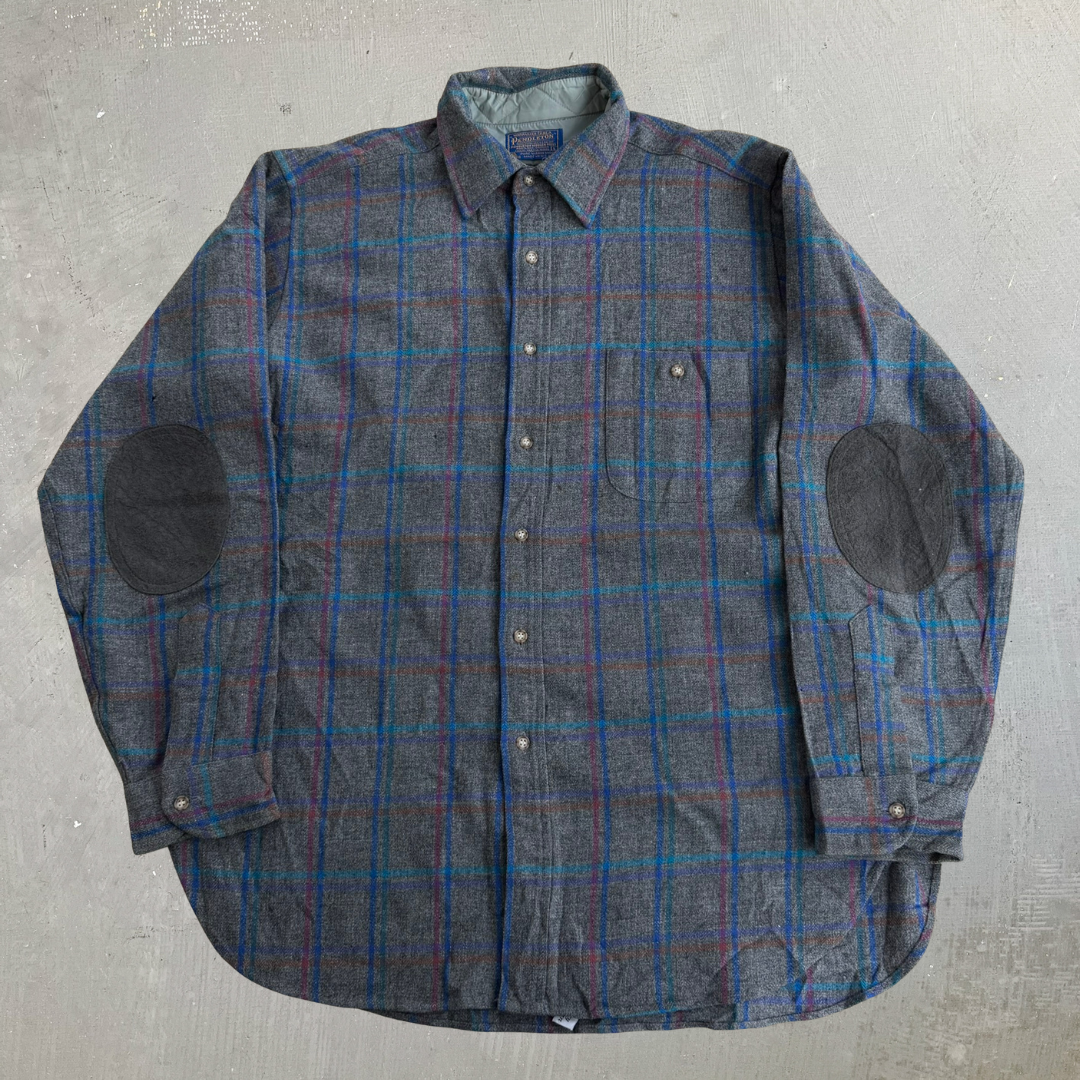 J- Vintage 90s Pendleton Made In USA Grey Plaid Wool Button Down Shirt - L