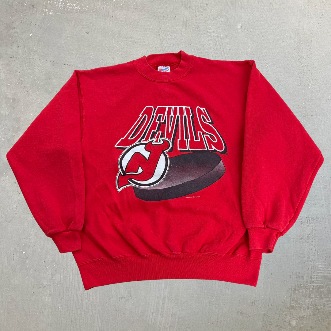 J- Vintage '92 New Jersey Devils NHL Graphic & Text Made In USA Crewneck - L