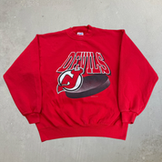 J- Vintage '92 New Jersey Devils NHL Graphic & Text Made In USA Crewneck - L
