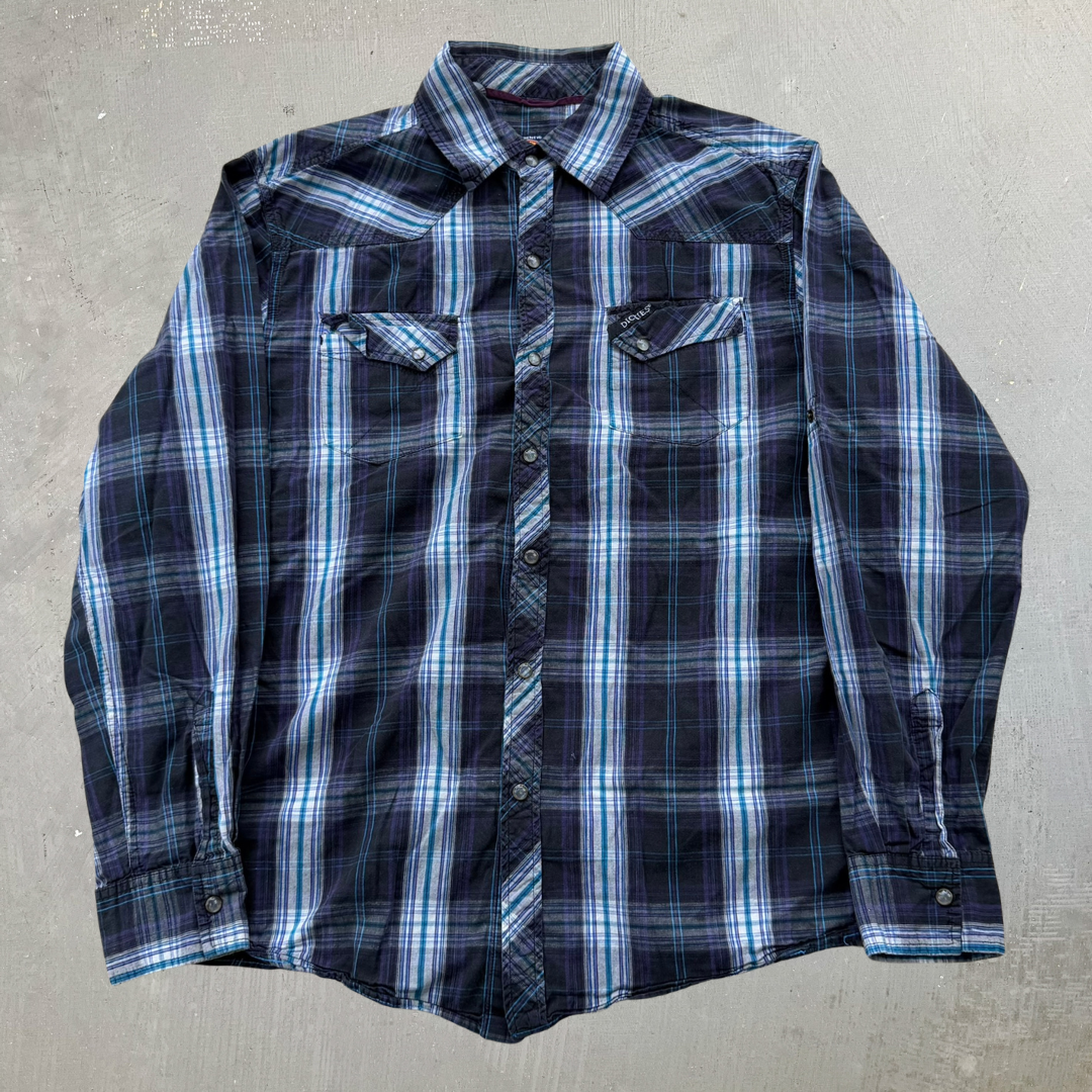 J- Vintage Dickies Western Plaid Pearl Snap Button Down Shirt - L