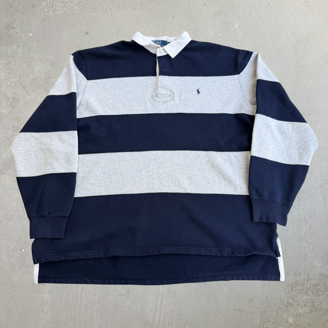 J- Vintage 90s Polo RL Embroidered Logo Fleece Lined Long Sleeve Rugby Shirt - XL