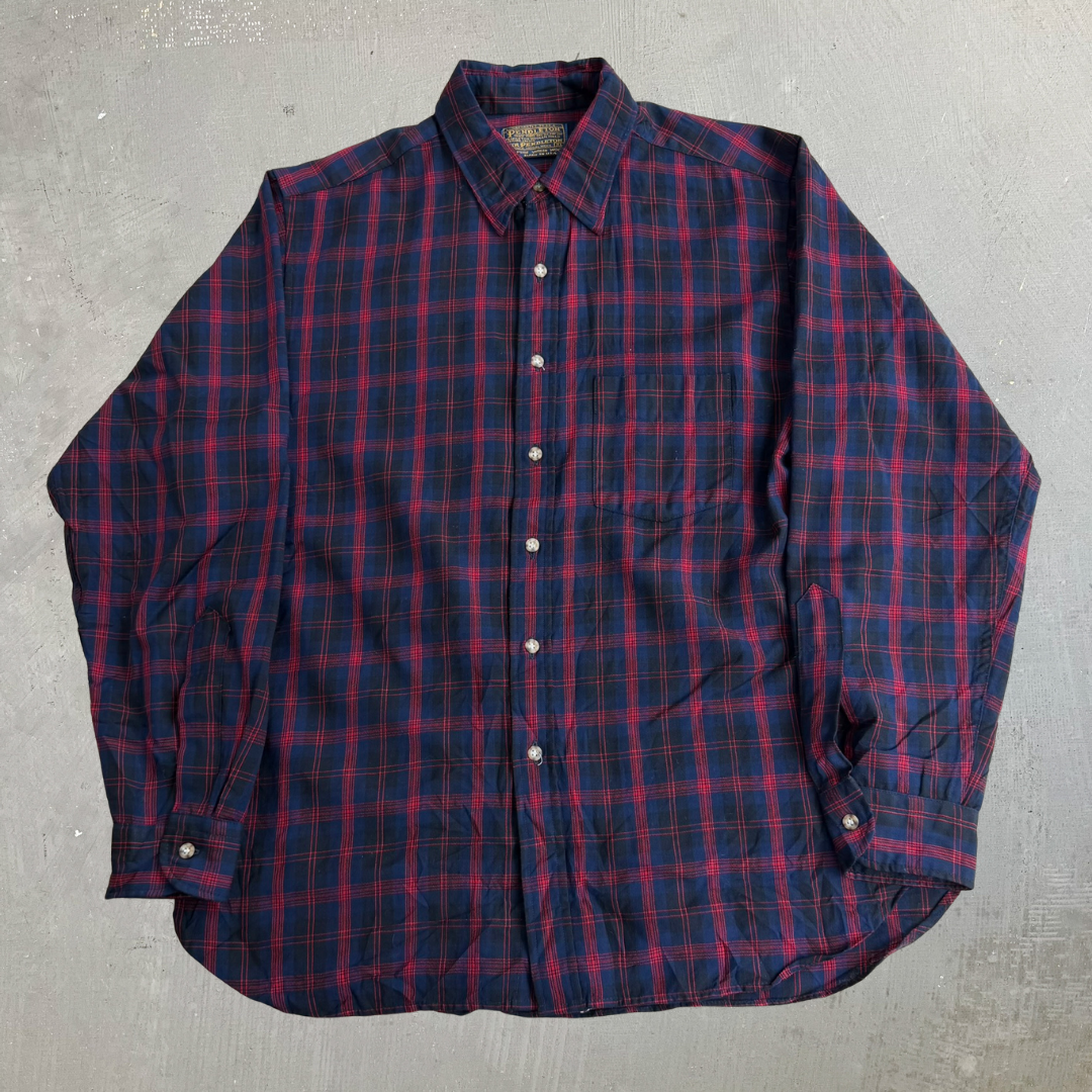 J- Vintage 90s Pendleton Made In USA Navy Plaid Wool Button Down Shirt - XL