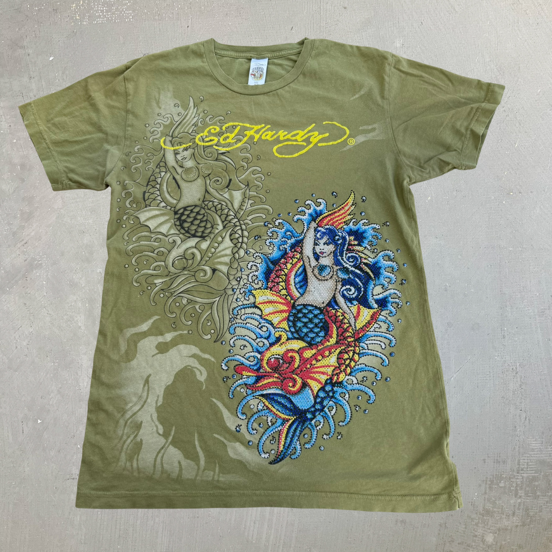 J- Vintage Ed Hardy Mermaid Rhinestones Graphic Tee - M