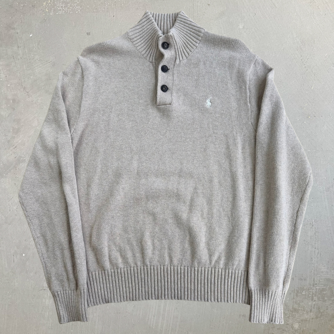Polo RL Embroidered Logo Khaki Henley Knit Sweater - L
