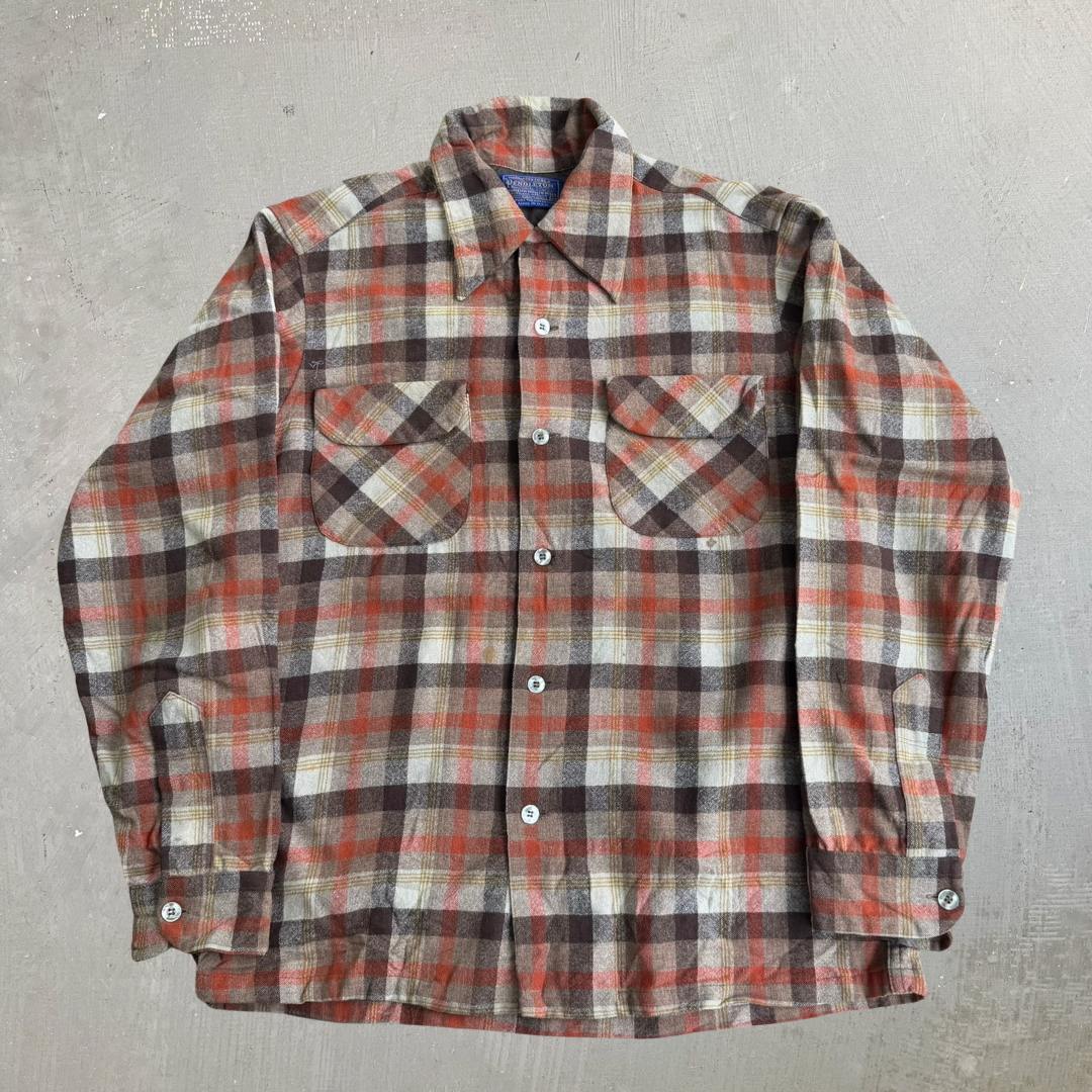 J- Vintage 90s Pendleton Made In USA Beige Plaid Wool Button Down Shirt - M