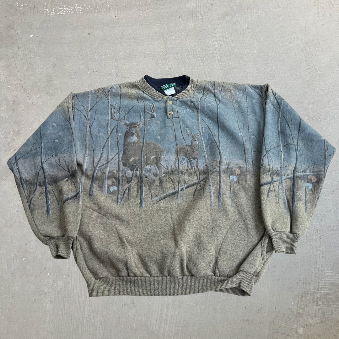 J- Vintage Forest Glen Apparel Deers All Over Print Made In USA Henley Crewneck - L
