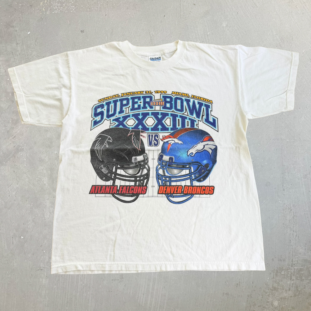 J- Vintage '99 NFL Super Bowl 33 Atlanta Falcons Vs Denver Broncos Graphic Tee - L