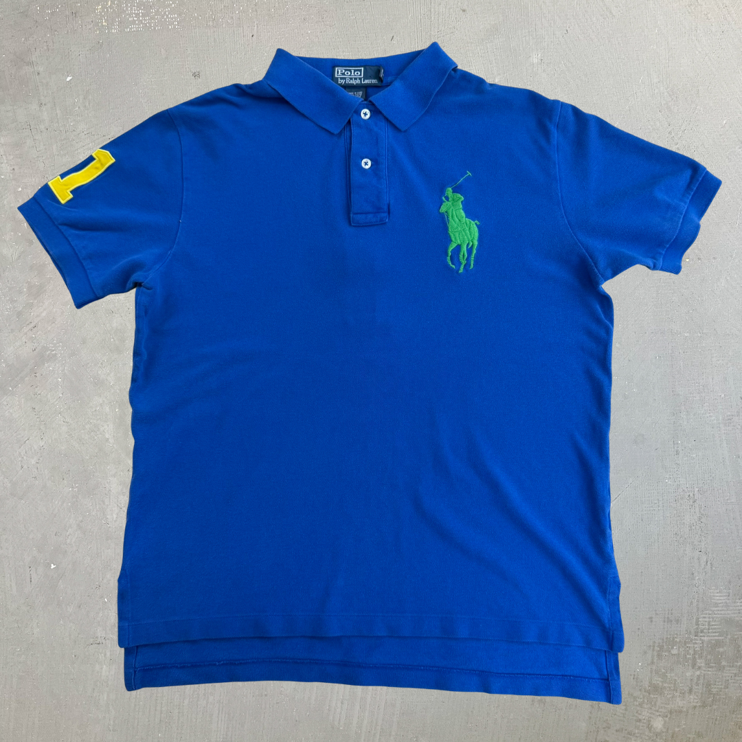 Vintage 90s Polo RL Blue Embroidered Big Pony Polo Shirt - M