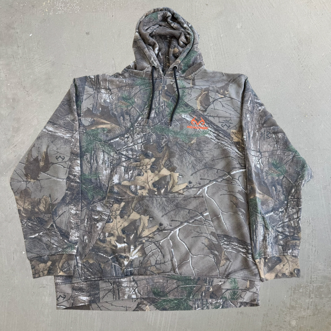 J- Vintage Real Tree Camo Orange Logo Hoodie - M